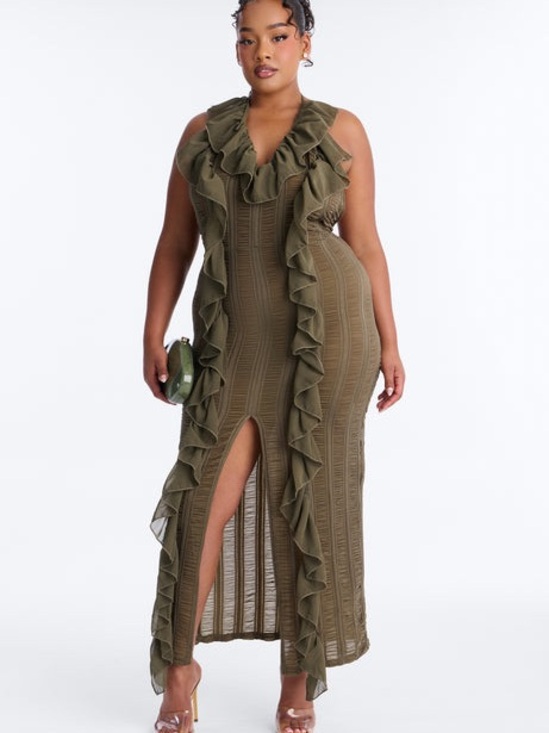 Fashion Nova Dresses & Skirts - Fashion Nova Olive Ruffle-Trim Maxi Dress